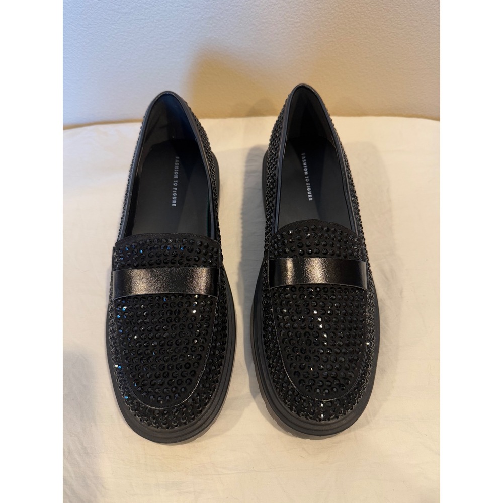 Fashion to Figure Imani Black Embellished Rhinestone Wide Loafers Size 12